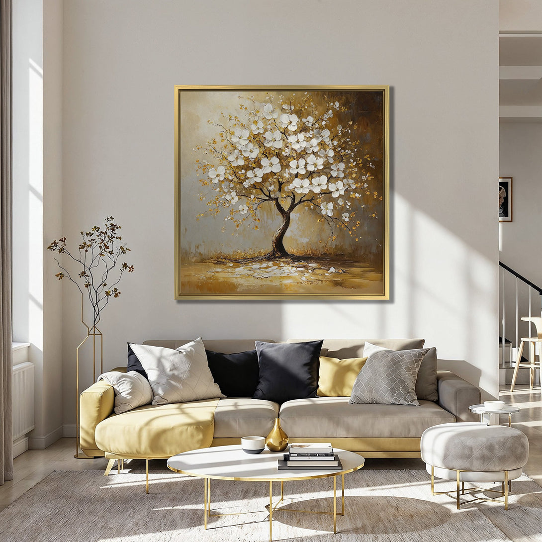 Canvas Print of a blossoming tree in warm gold and white tones, adding elegance to a modern interior.