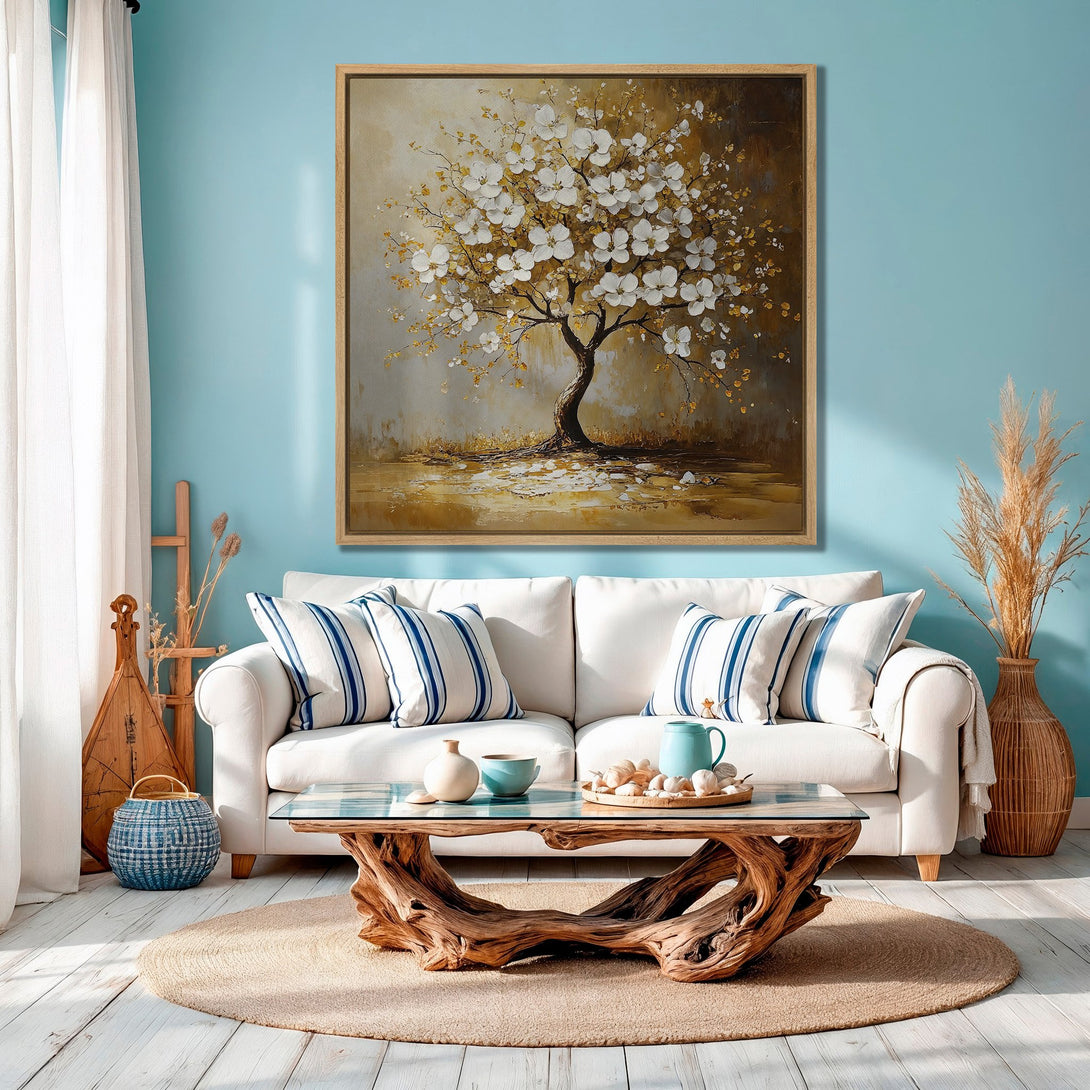 Framed Wall Art: Elegant tree painting in warm gold and white tones. Perfect for adding a touch of nature-inspired art to your living room.