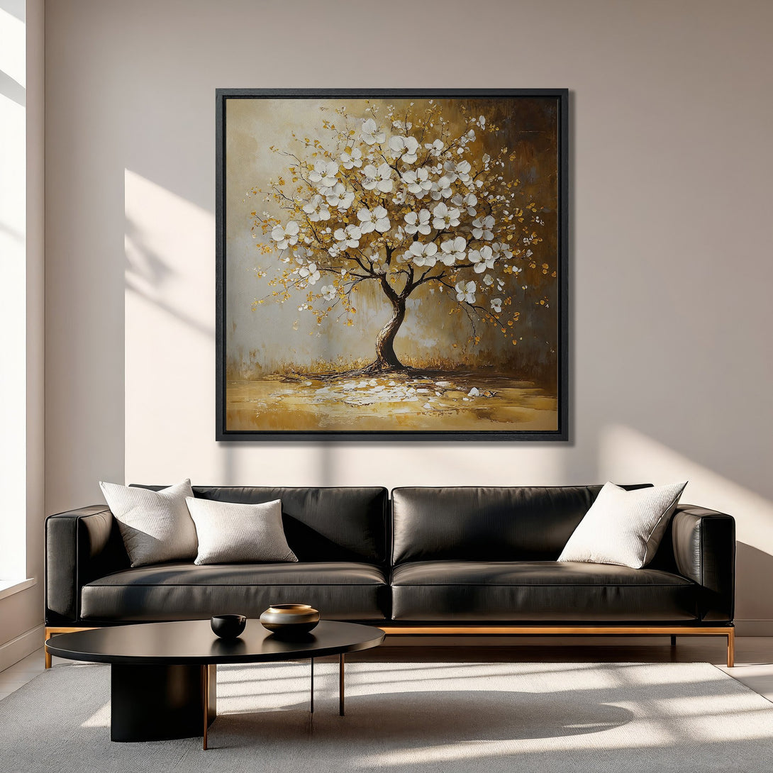 Framed Wall Art featuring a serene tree painting in a warm, neutral color palette. Perfect for adding a touch of nature-inspired elegance to any space.