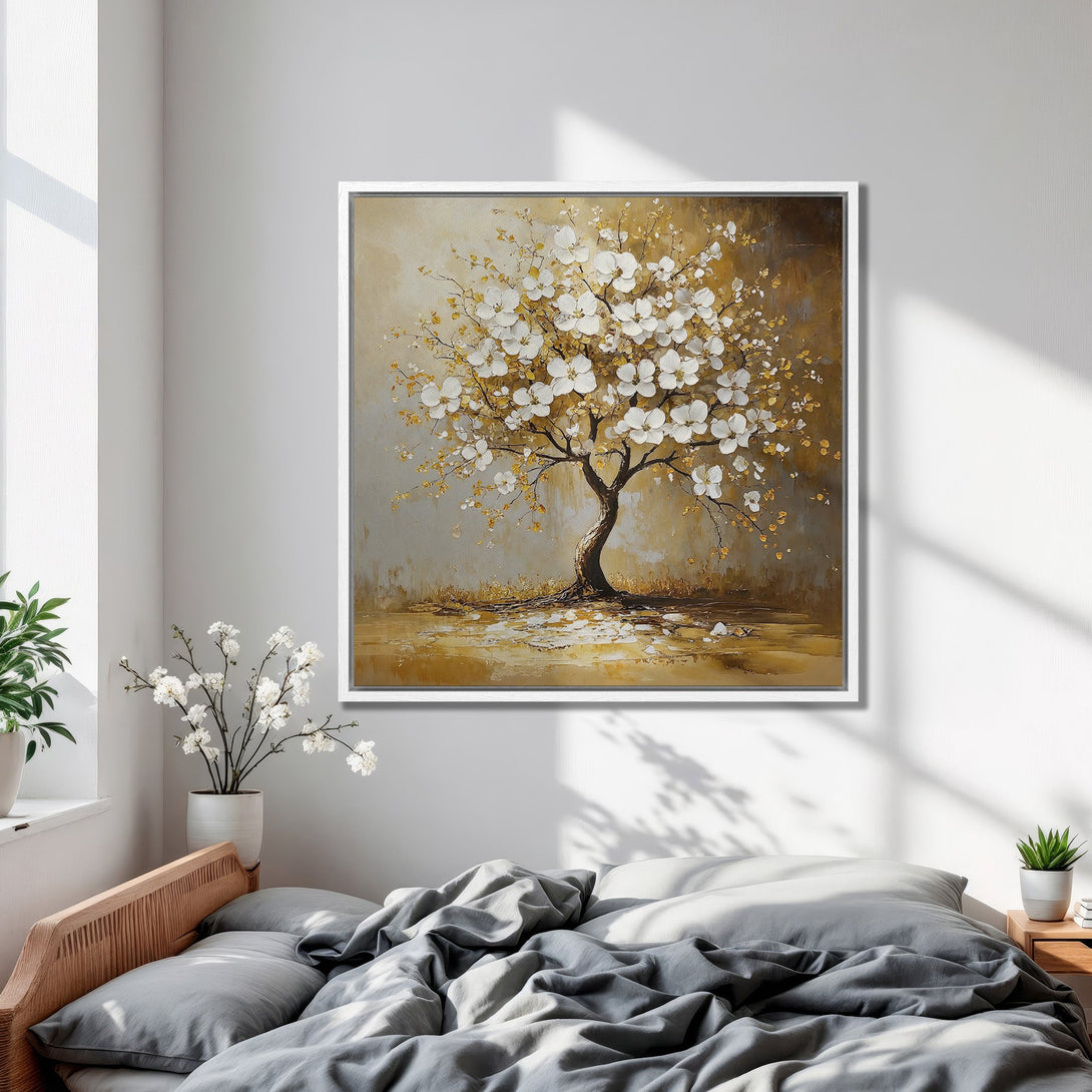 Framed Wall Art: Elegant tree painting in gold and white tones. Perfect for bedroom decor. Enhance your space with this beautiful canvas print!