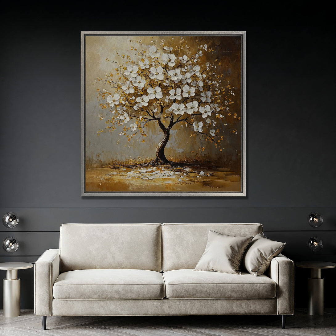 Framed Wall Art: Abstract tree painting in warm gold and white tones. Modern art canvas print adds elegance to any interior living room decor.