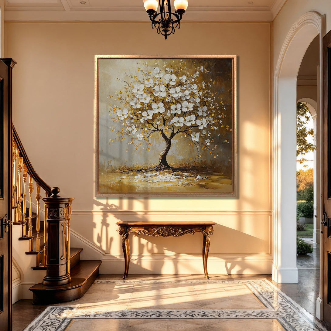 Framed Wall Art: Elegant tree painting in a warm, neutral color palette. Adds a touch of nature and sophistication to any interior space. Shop now!