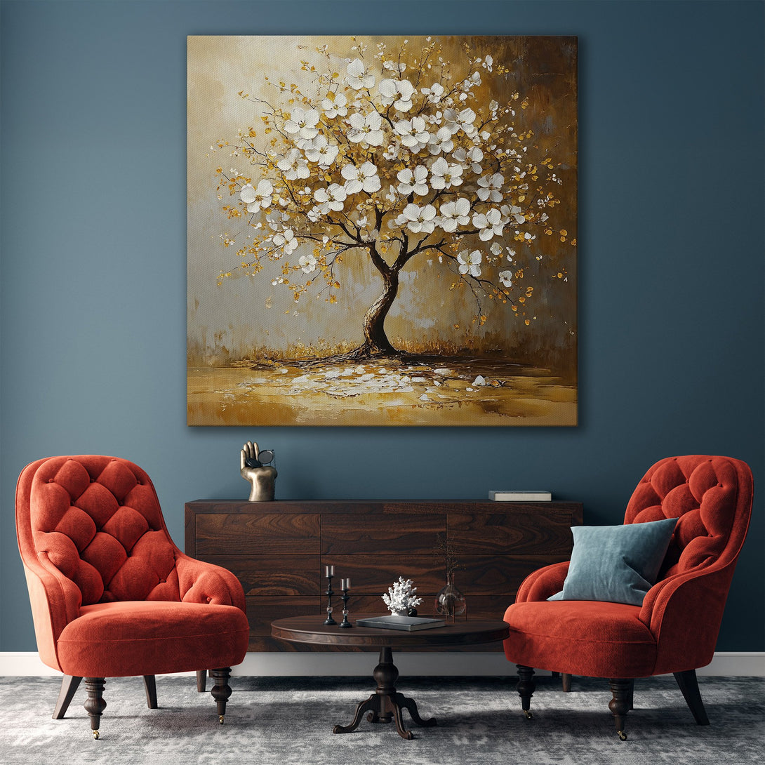 Framed Wall Art: Elegant tree painting in warm gold and white tones. Perfect for adding a touch of nature and sophistication to your living room.