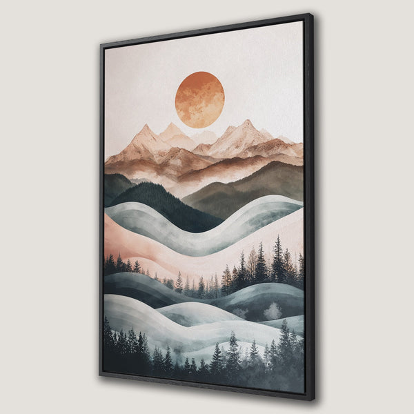 Framed Wall Art: Abstract landscape Canvas Print with mountains, sun, and trees in a muted earth-tone color palette, perfect for modern decor.