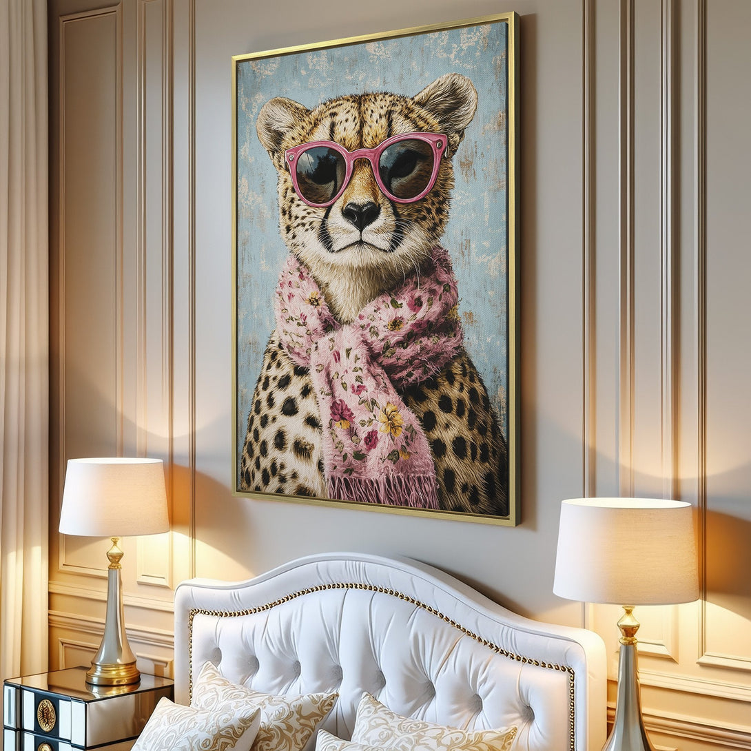 Canvas Print featuring a stylish cheetah wearing sunglasses and a pink scarf. Modern, whimsical art with a soft, pastel color palette.
