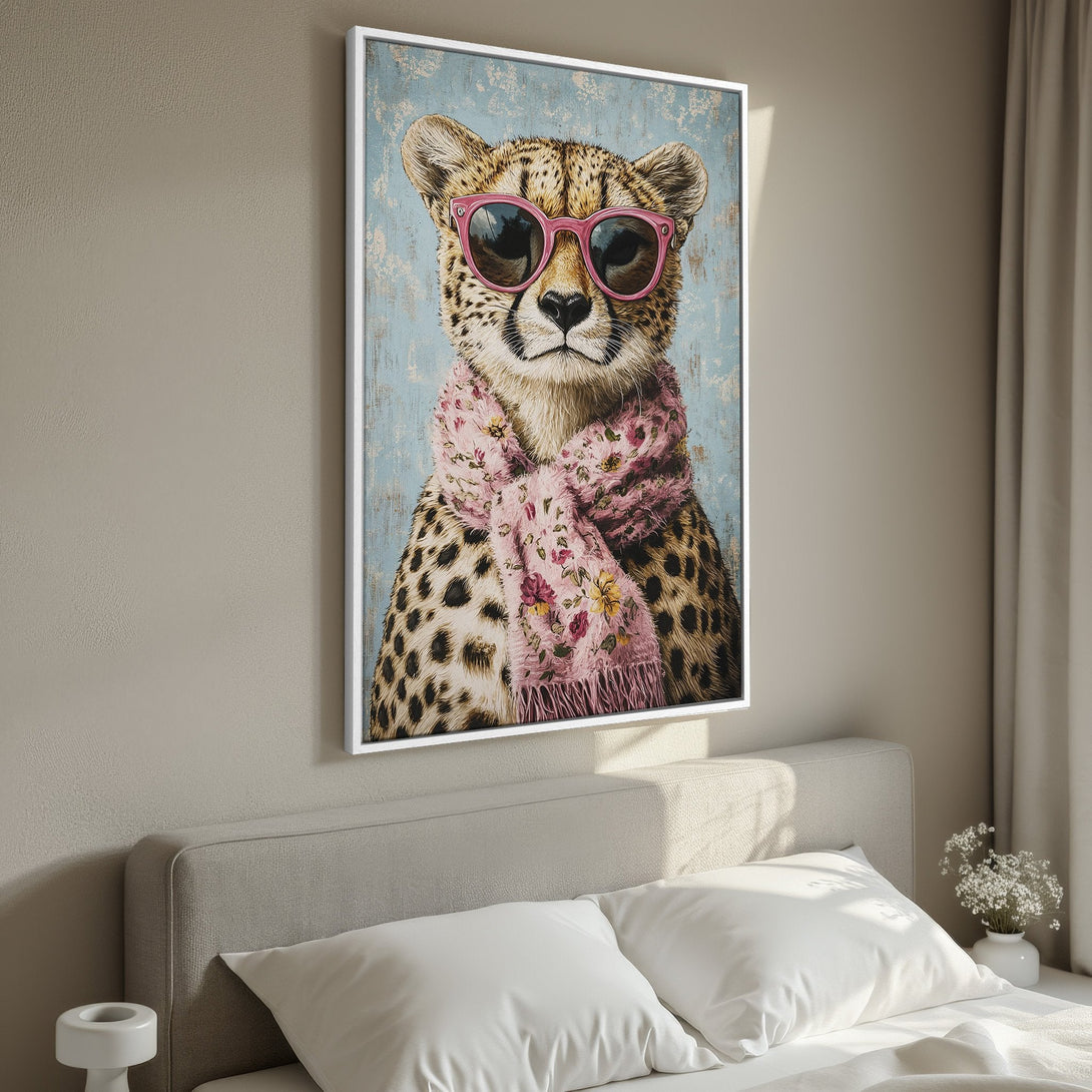 Framed Wall Art: Cool cheetah wearing sunglasses & scarf. Whimsical animal art with pink & blue color palette. Perfect for bedroom decor.