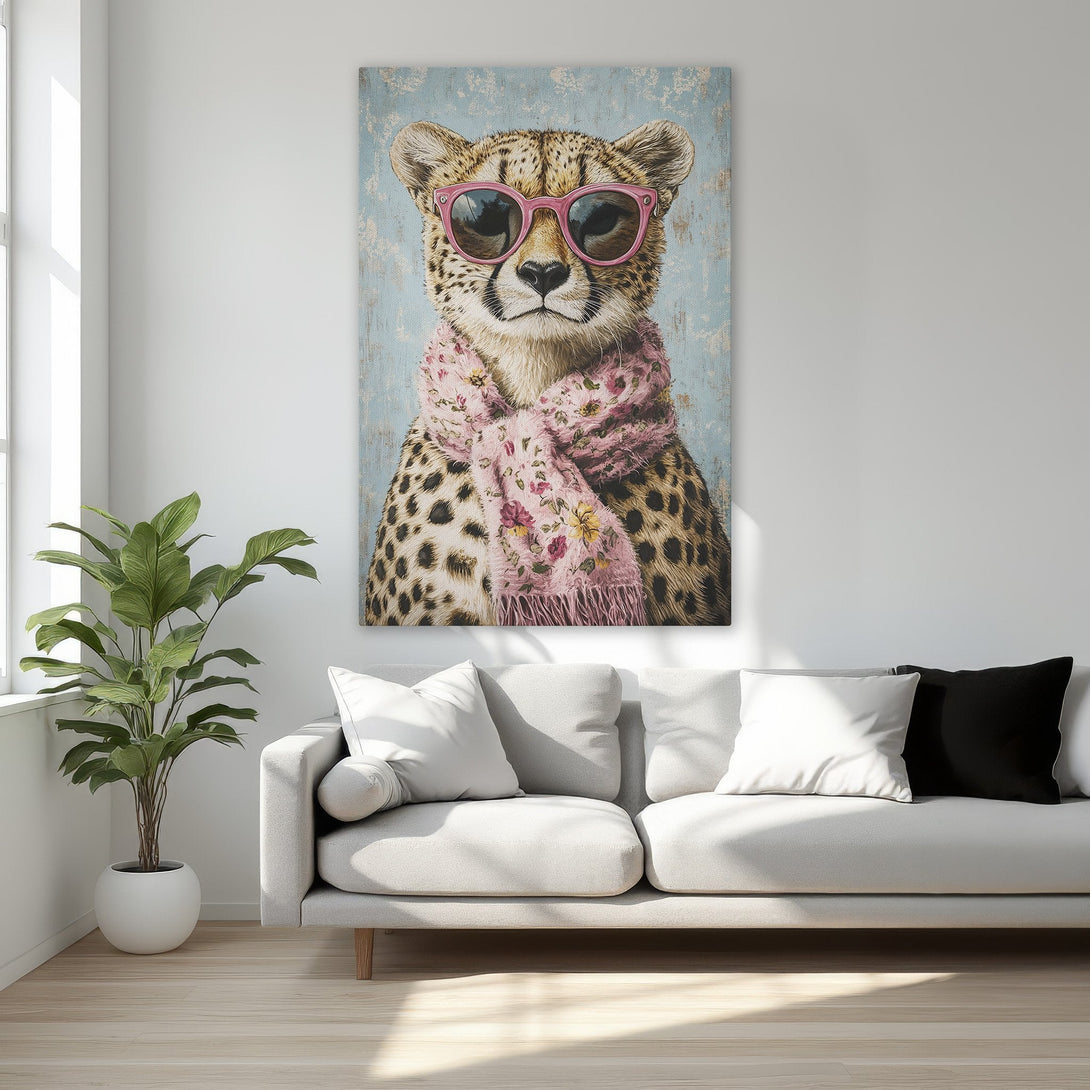 Framed Wall Art: Funky cheetah in pink sunglasses and scarf. Whimsical animal art with a blue, pink, and gold color palette. Perfect for a bedroom!