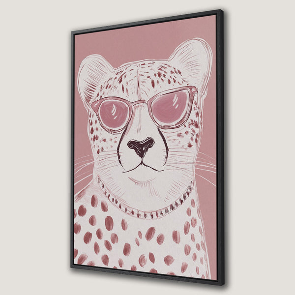 Framed Wall Art featuring a cool cheetah wearing sunglasses. Stylish, modern art in a blush pink and neutral color palette. Perfect for adding personality to your space.