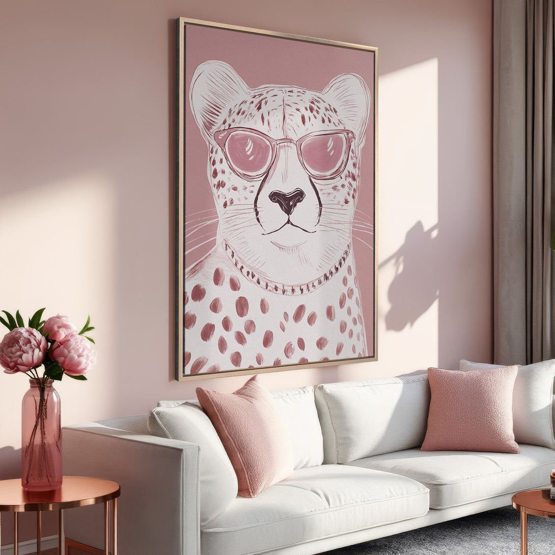 Framed Wall Art: Stylish cheetah print in blush pink tones. Modern art decor for a chic living room. Shop our collection of wall art today!