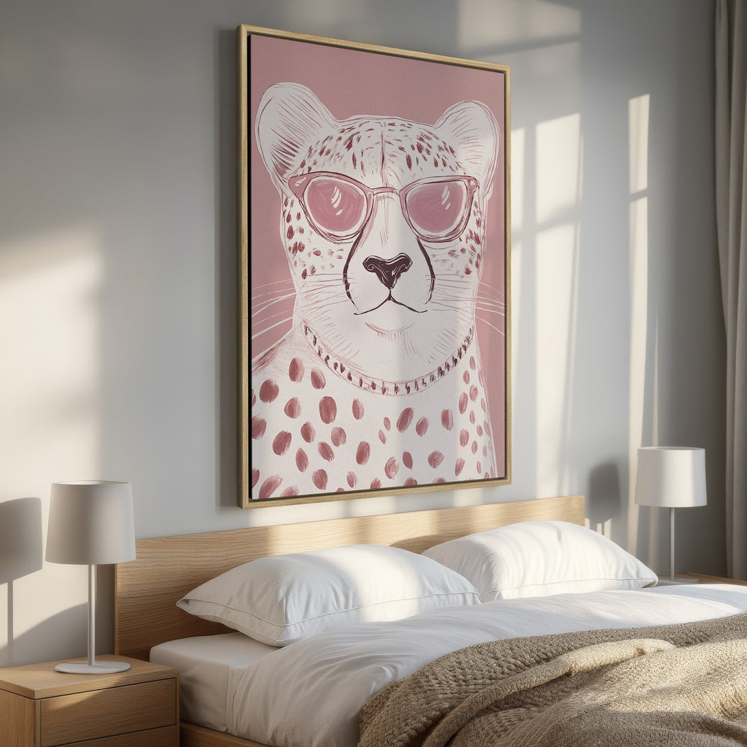 Framed Wall Art: Stylish cheetah art print in pink and white adds a touch of whimsy. Perfect for bedroom decor!