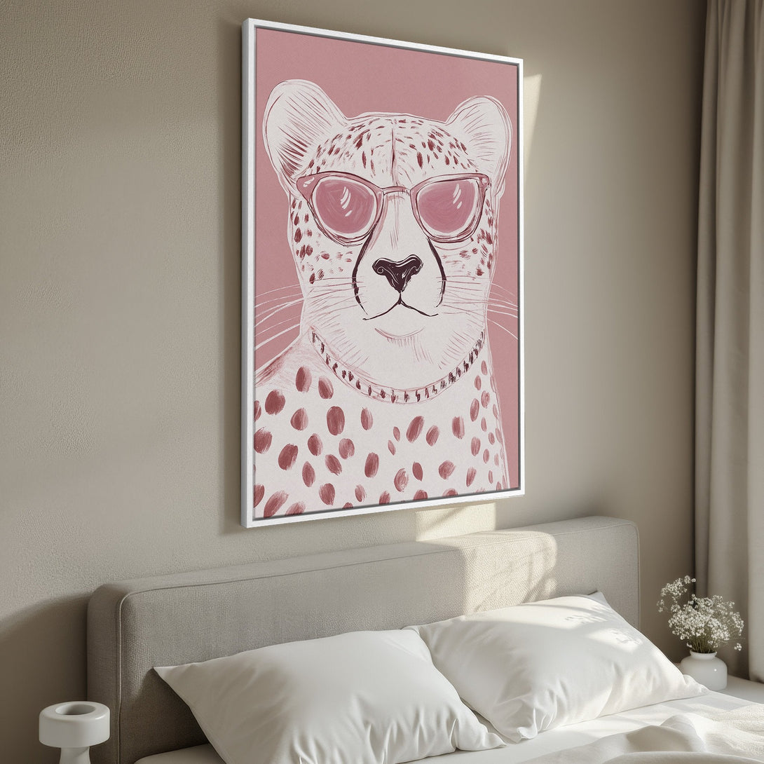 Framed Wall Art of a cool cheetah wearing sunglasses in a modern, sketched style. Pink and neutral color palette, perfect for bedroom decor.