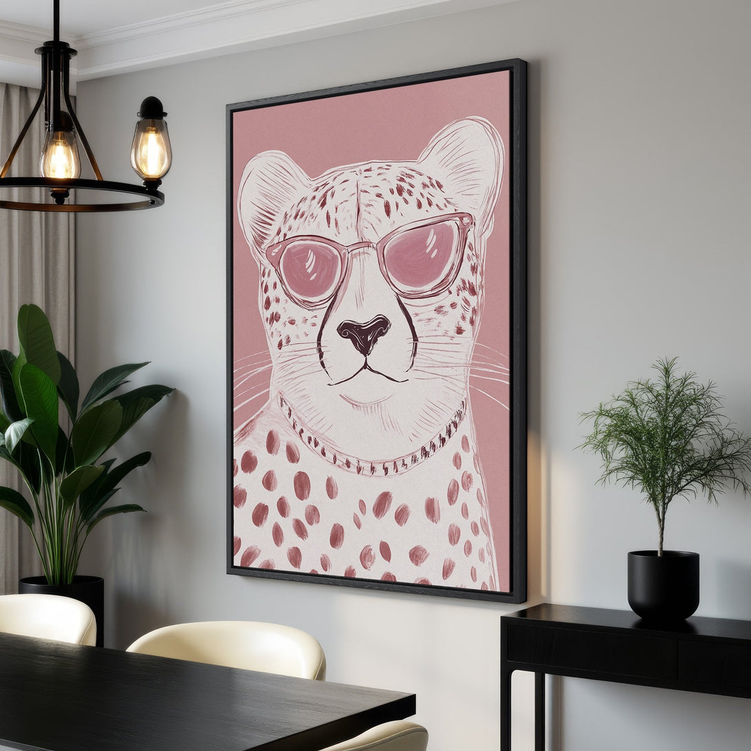 Framed Wall Art: Cool cheetah print canvas in pink & neutral tones. Modern, stylish wall decor for living room or bedroom. Shop now!
