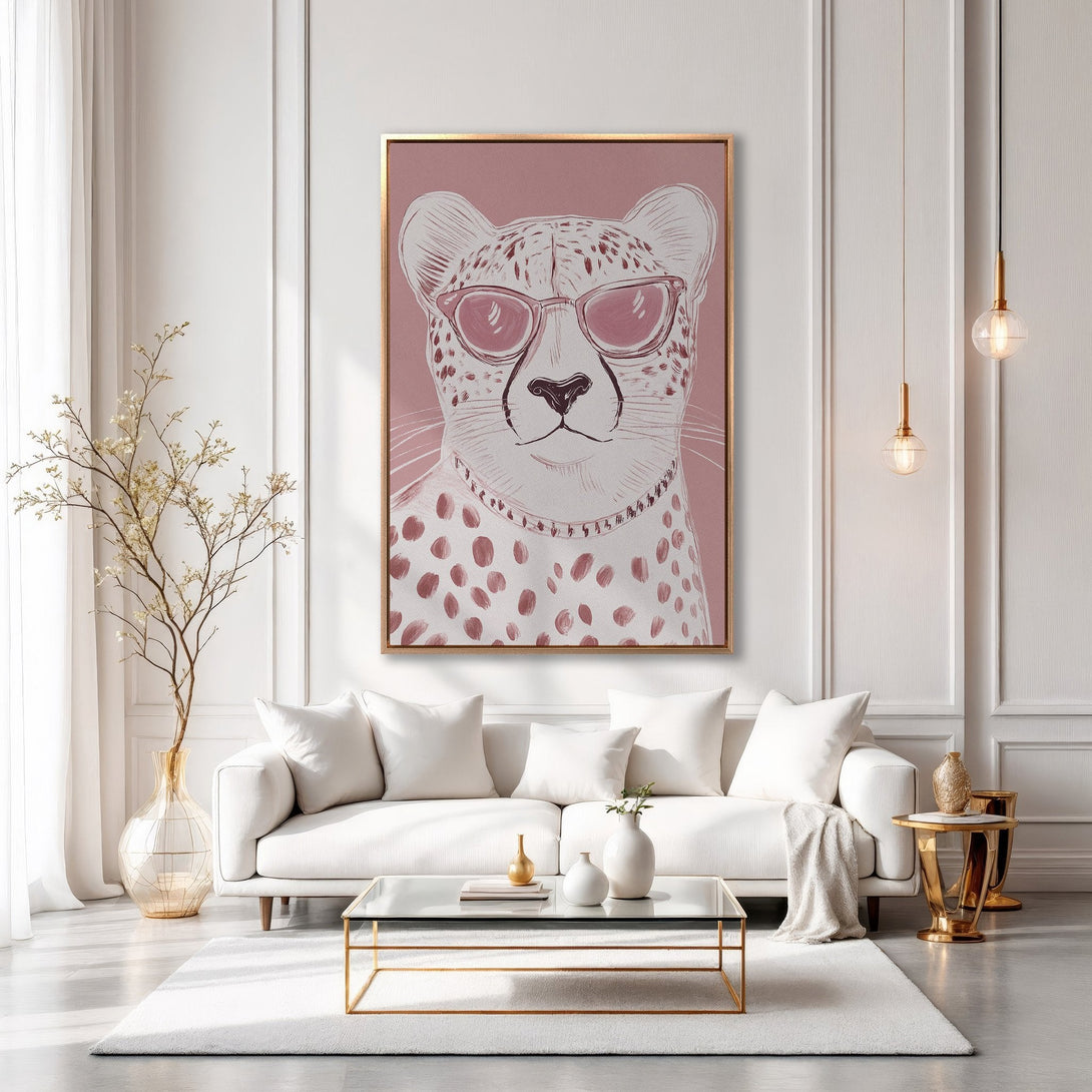Framed Wall Art: Stylish cheetah portrait in blush pink and gold. Modern canvas print adds a touch of chic to any interior. Shop now!