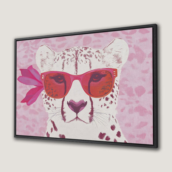 Framed Wall Art: Stylish cheetah portrait in pink and red hues. Modern canvas print adds a pop of color and personality to any space.