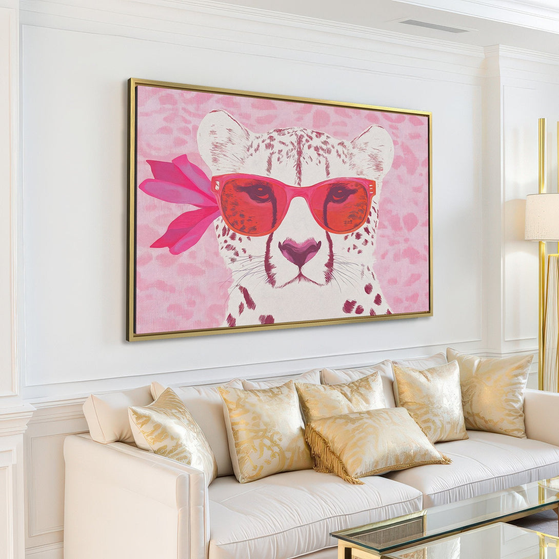 Canvas Print featuring a stylish cheetah wearing sunglasses, pink and white color palette, perfect for modern home decor.
