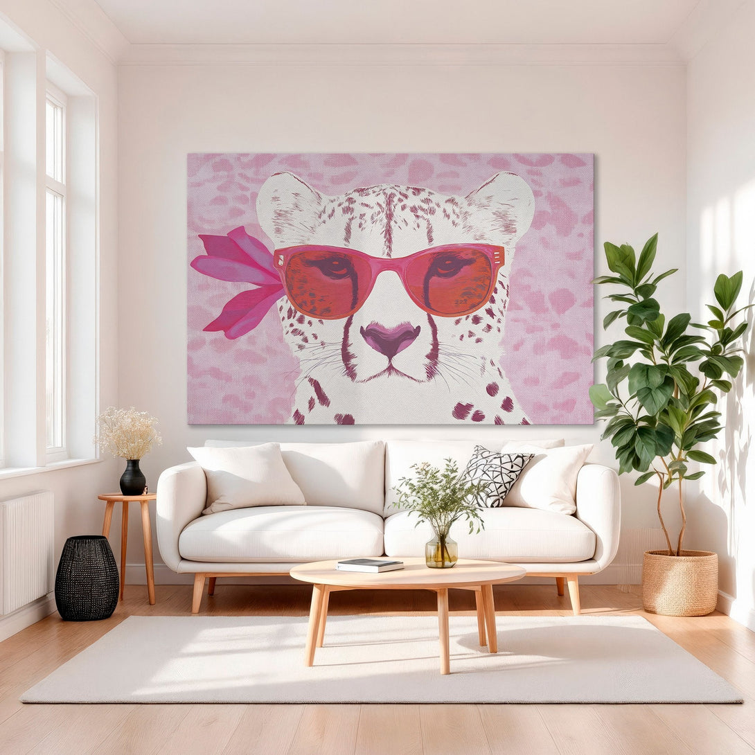 Framed Wall Art: Playful cheetah portrait in pink and red. Modern, stylish canvas print for a chic interior. Shop wall art today!