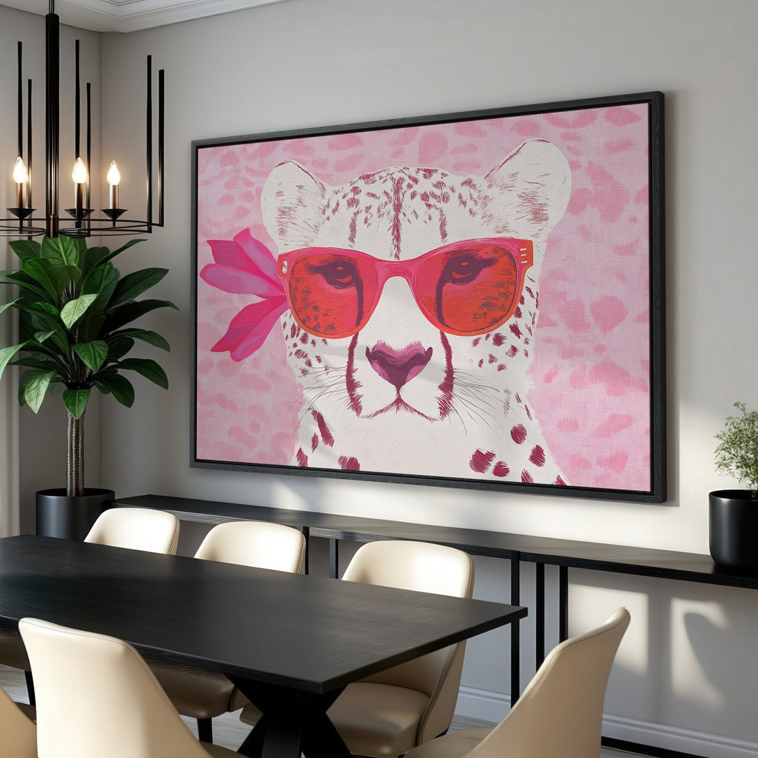 Framed Wall Art: Stylish cheetah portrait in pink hues. Modern canvas print adds a pop of color and personality to any space. Shop now!