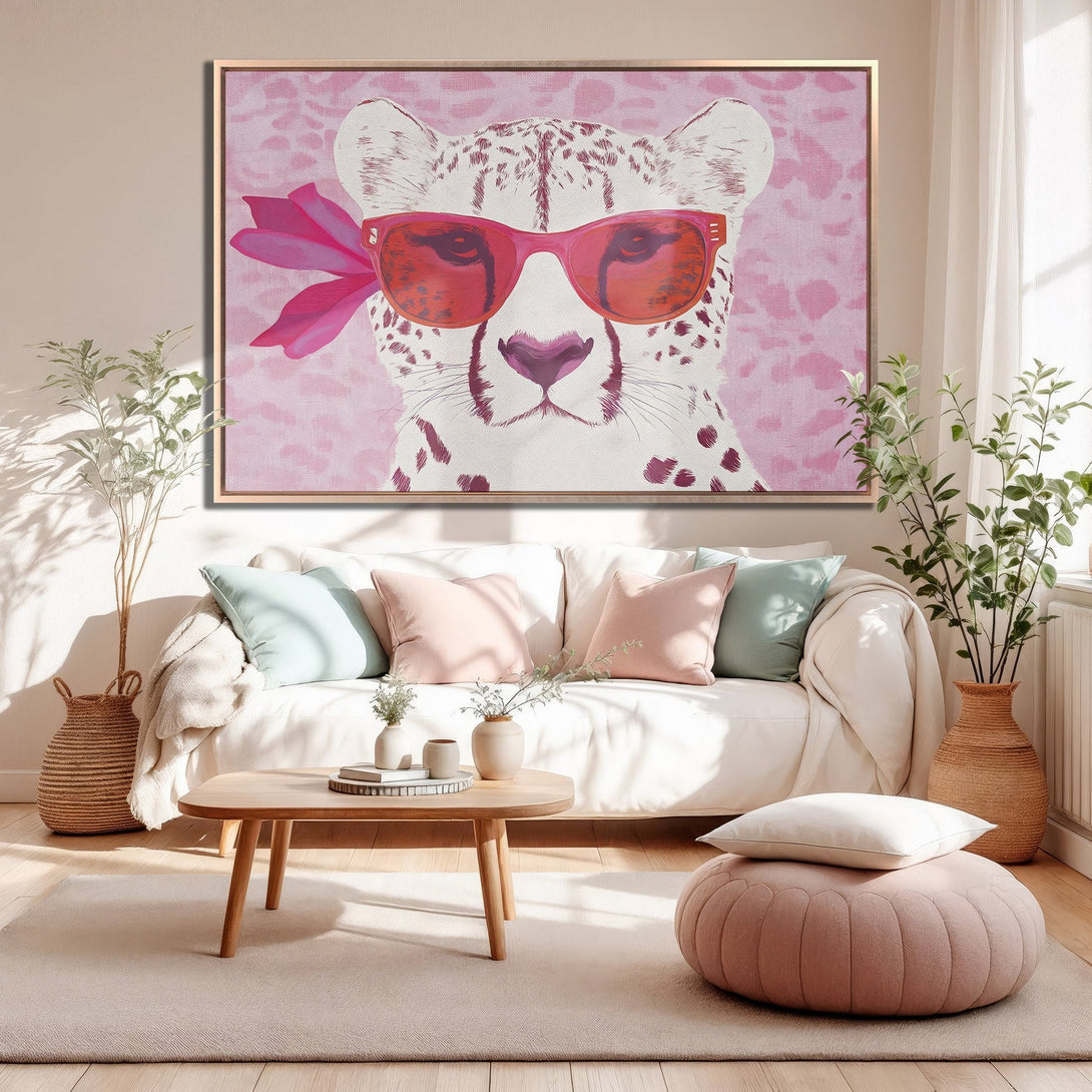 Framed Wall Art: Pop art cheetah with sunglasses in pink tones. Modern canvas print for a stylish living room.