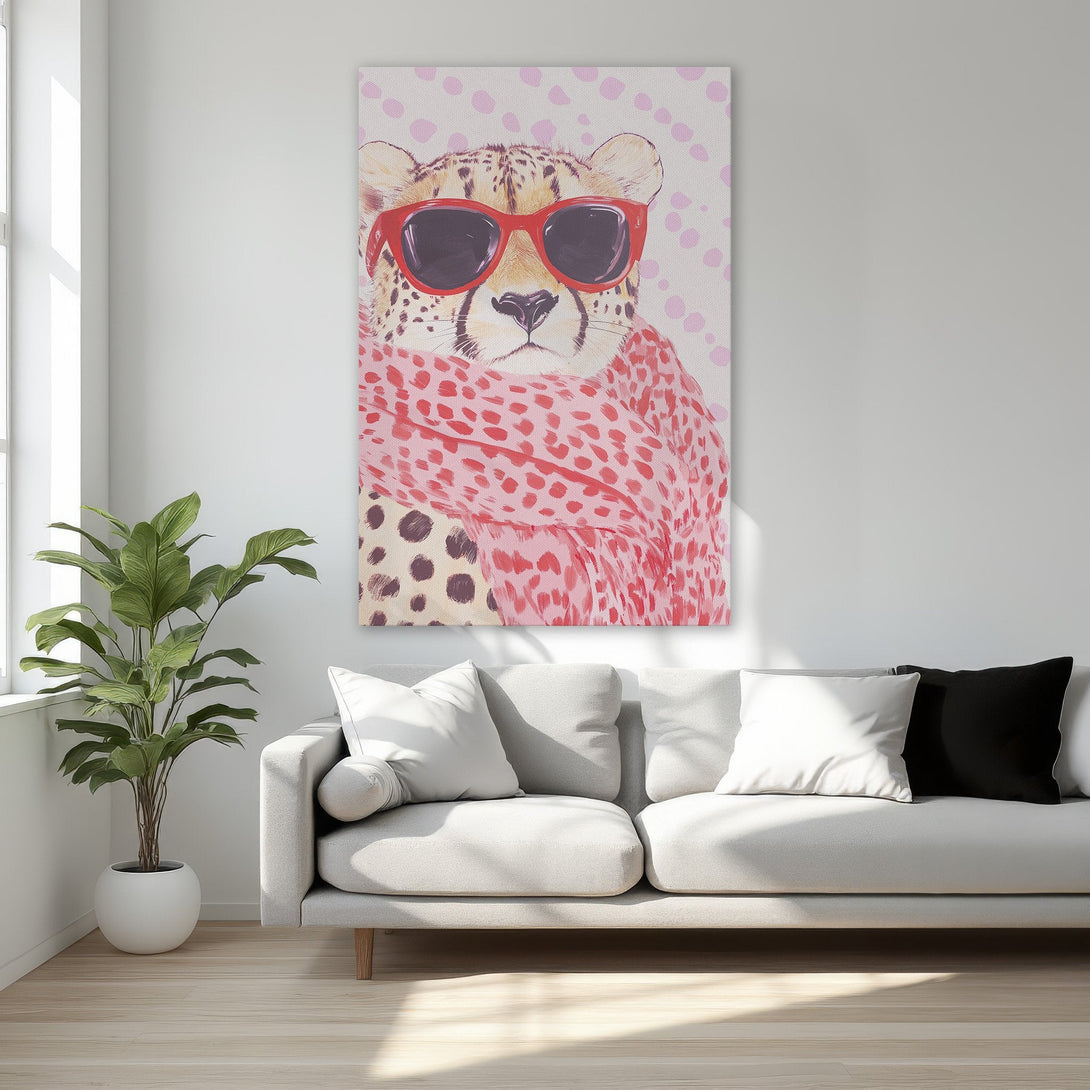 Framed Wall Art featuring a stylish cheetah wearing sunglasses and a pink scarf. Modern, pop art style with a pink and red color palette. Perfect for bedroom decor.