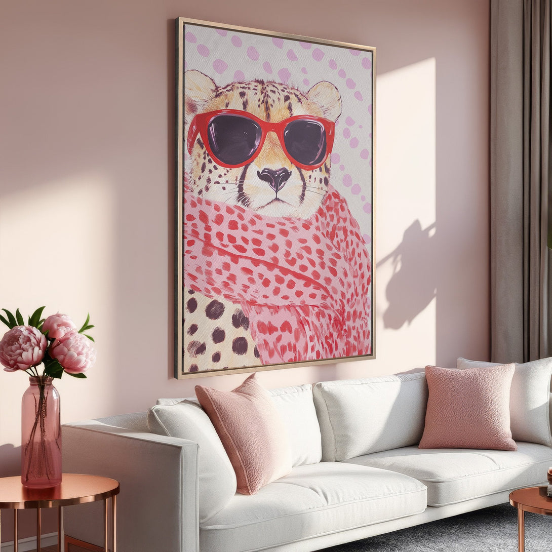 Framed Wall Art: Stylish cheetah print in red and pink sunglasses, perfect for a modern living room. Pastel color palette adds a touch of fun and sophistication.