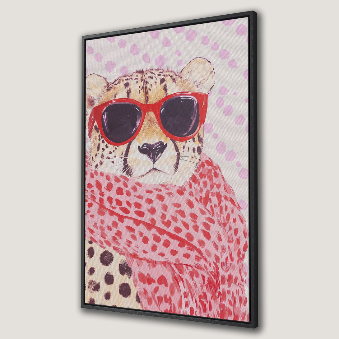 Framed Wall Art: Cool cheetah in sunglasses and scarf. Whimsical watercolor style, pink and red color palette. Add a pop of personality to your space!