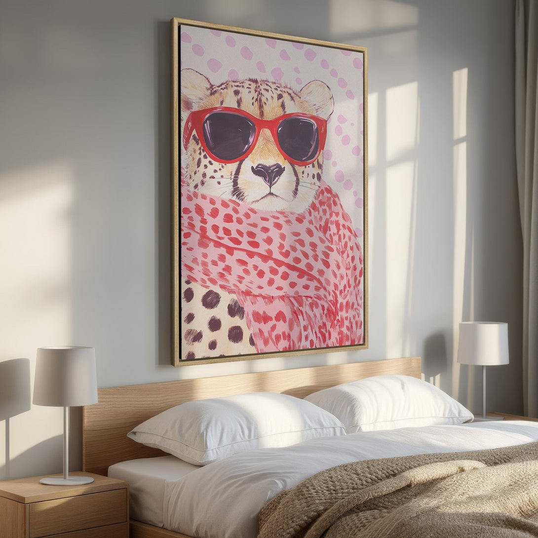 Framed Wall Art: Cool cheetah wearing sunglasses and a scarf, playful pop art style, pink and red color palette, perfect bedroom decor.