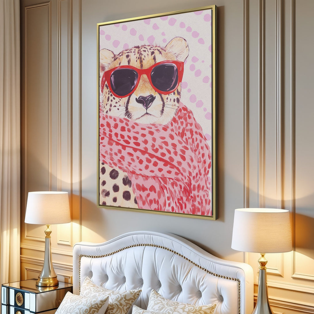 Canvas Print featuring a stylish cheetah wearing sunglasses and a scarf. Watercolor style with pink and neutral color palette, perfect for modern decor.