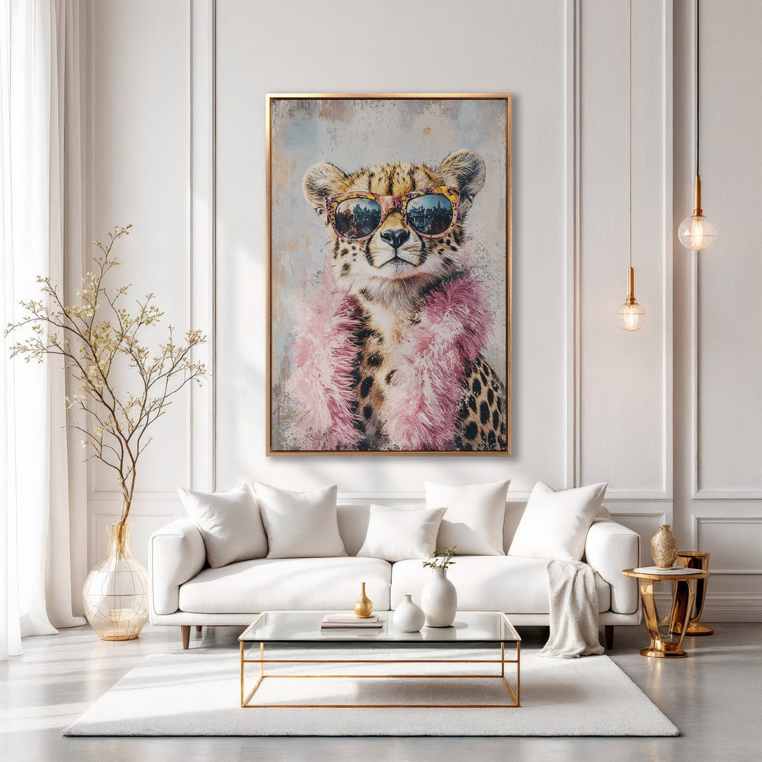 Framed Wall Art: Stylish cheetah print with pink boa and sunglasses in a chic interior. Modern art with a neutral and pink color palette. Add a touch of glam!