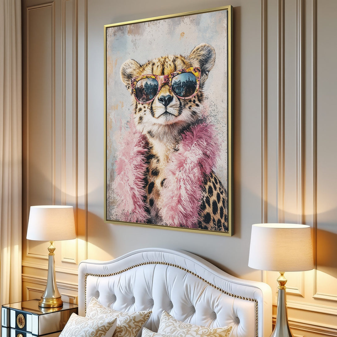 Canvas Print featuring a stylish cheetah wearing sunglasses and a pink boa, displayed in a modern interior with a neutral color palette.