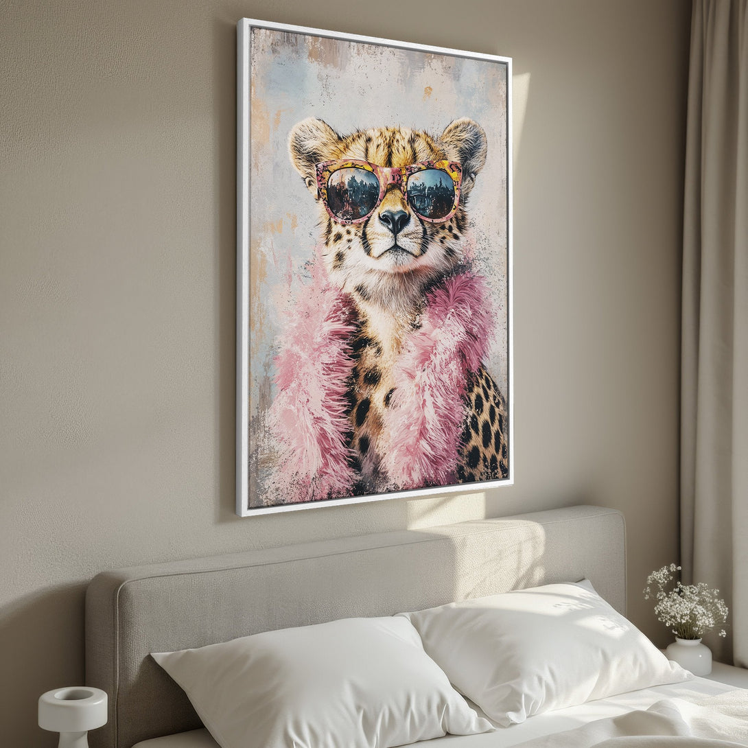 Framed Wall Art: Cool cheetah portrait with pink boa and sunglasses. Modern art in neutral tones, perfect for bedroom decor.