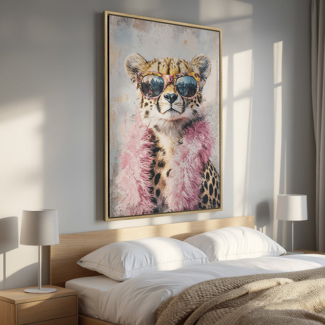 Framed Wall Art: Stylish cheetah portrait with sunglasses & pink boa. Modern art with neutral & pink tones, perfect for bedroom decor.