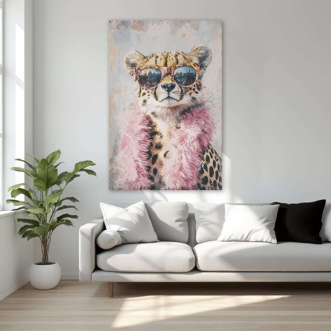 Framed Wall Art: Stylish cheetah portrait with sunglasses & pink boa. Modern, vibrant decor in a neutral color palette. Add a touch of fun to your space!