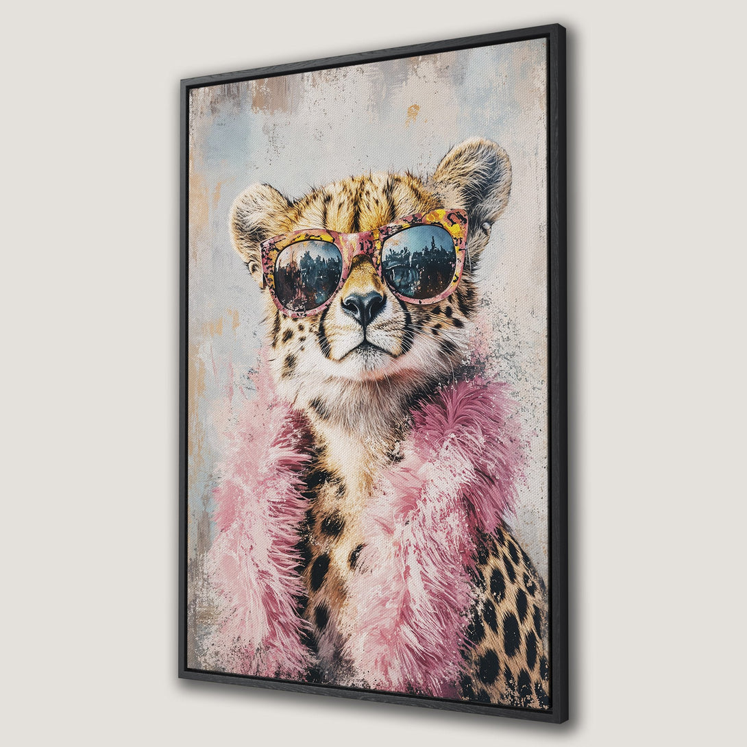 Framed Wall Art: Stylish cheetah portrait with sunglasses and pink boa. Modern, colorful canvas print for a chic home decor statement.