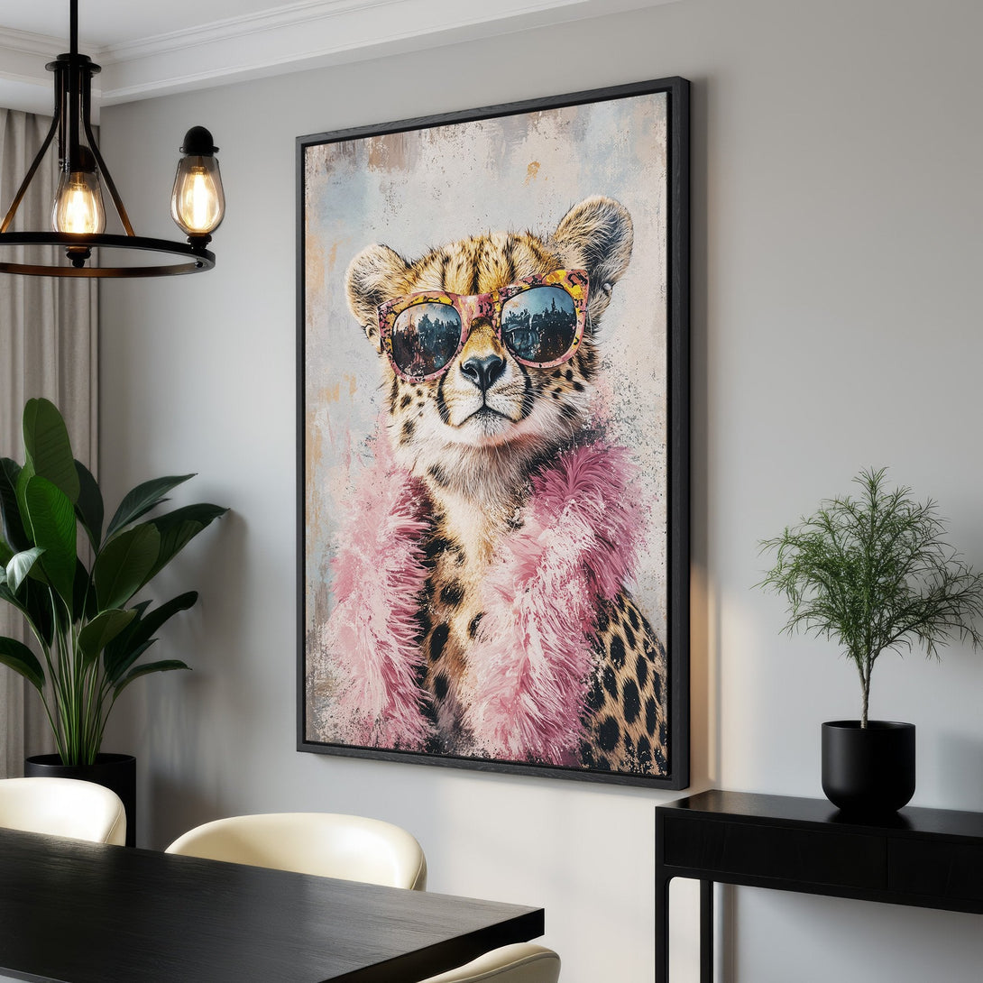 Framed Wall Art: Cool cheetah wearing sunglasses and pink boa, modern art with a neutral and pink color palette, perfect for home decor.