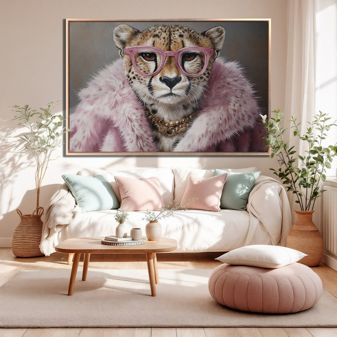Framed Wall Art: Stylish cheetah in pink fur & glasses. Modern art with a blush & neutral color palette, perfect for chic home decor.
