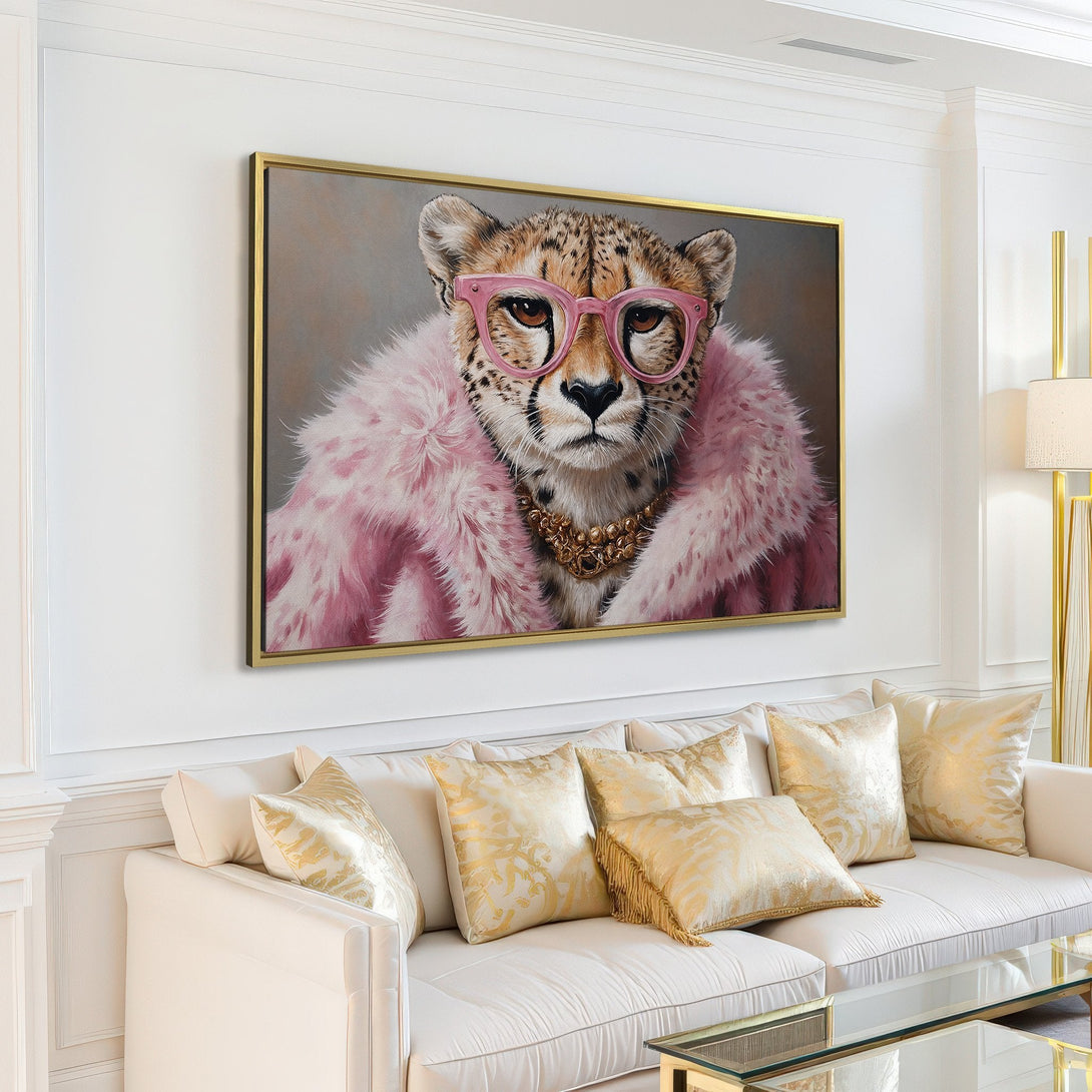 Canvas Print of a stylish cheetah in pink glasses and fur, displayed in a modern living room. Neutral color palette with pops of pink.
