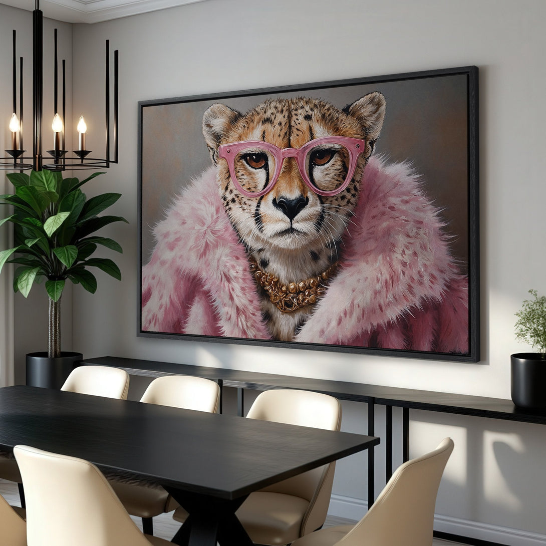 Framed Wall Art: Chic cheetah portrait in pink & brown tones. Modern canvas print adds a touch of luxury to any room. Shop now!