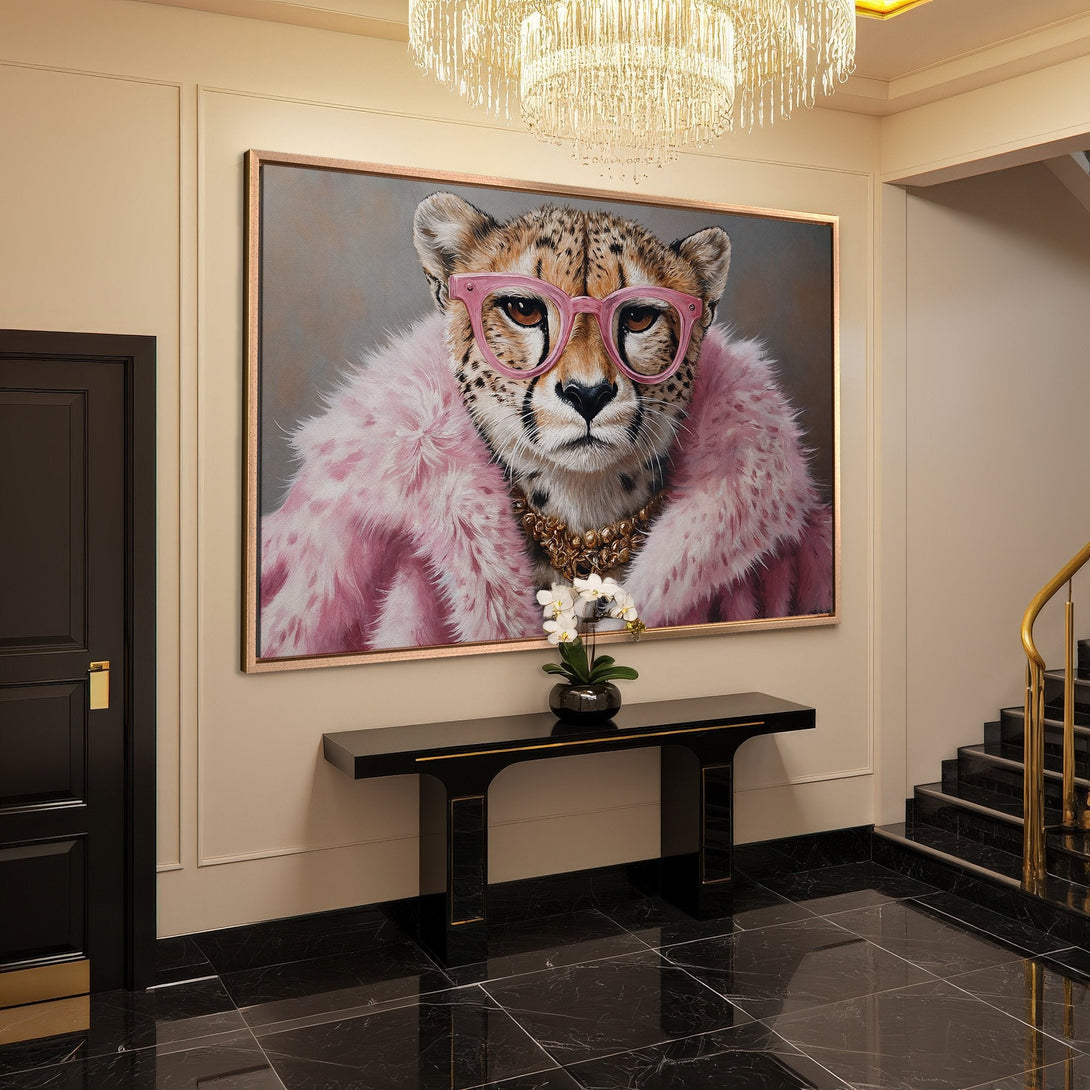 Framed Wall Art: Glamorous cheetah portrait in pink & gold. Stylish Canvas Print adds luxury to any space. Shop now for unique wall decor!