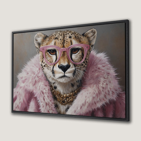 Framed Wall Art: Stylish cheetah portrait in pink. Modern Canvas Print with a playful, luxurious vibe. Perfect for adding personality to any space.