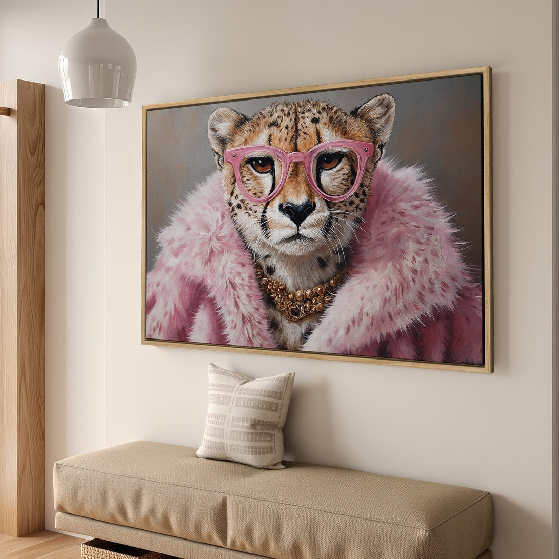 Framed Wall Art: Glamorous cheetah portrait in pink and gold. Stylish Canvas Print adds a pop of color to any interior. Shop now for unique wall decor!