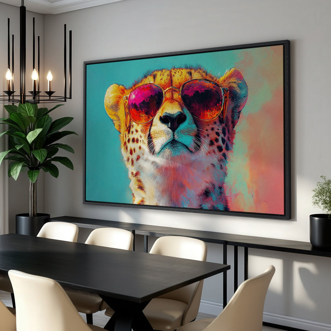 Framed Wall Art: Cool cheetah wearing sunglasses, vibrant pop art style with teal, pink, and yellow color palette. Modern wall decor for your home.