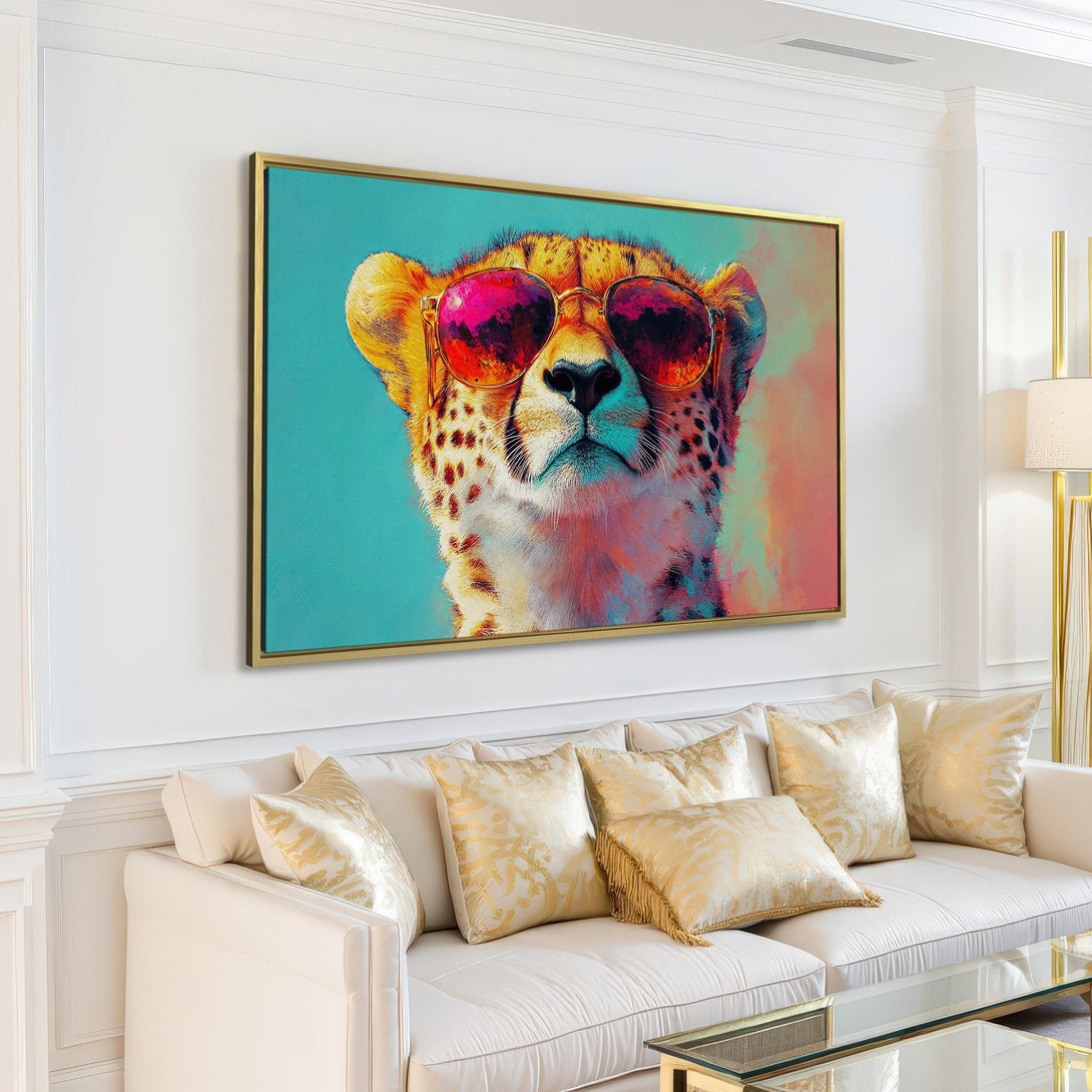 Canvas Print: Cool cheetah art in a modern interior. Featuring a vibrant, colorful palette with pink, teal, and gold. Perfect wall decor for any room.