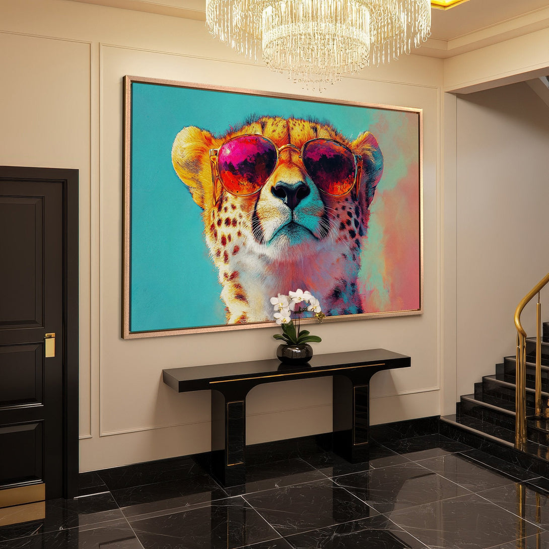 Framed Wall Art: Pop art cheetah in sunglasses. Vibrant colors and a turquoise background. Modern decor for your home.