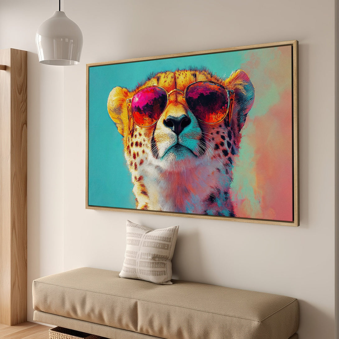 Framed Wall Art: Cool cheetah wearing sunglasses. Pop art style with vibrant teal, pink, and yellow color palette. Add a bold statement to your space!