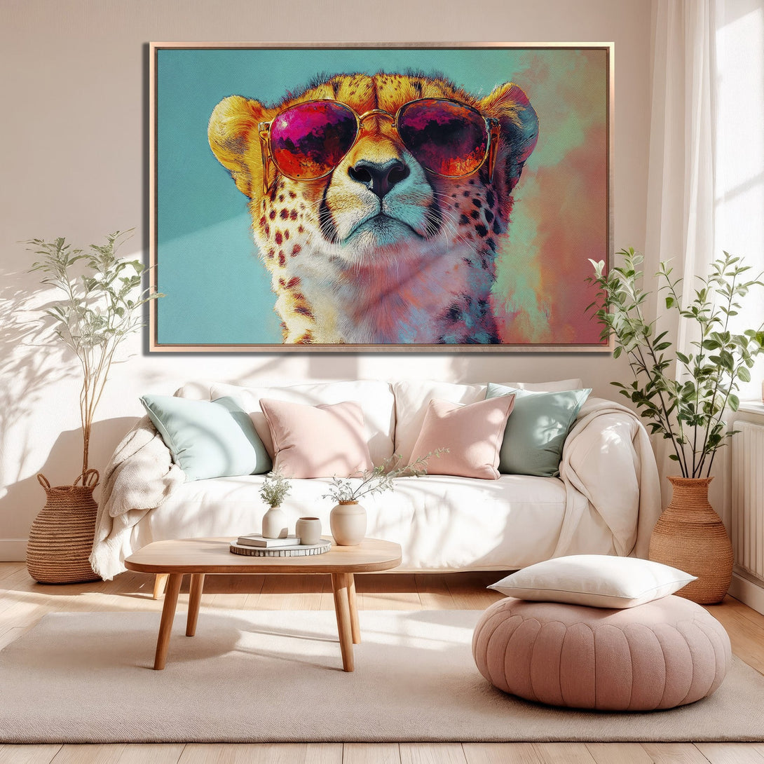 Framed Wall Art featuring a cool cheetah wearing sunglasses, vibrant pop art style, with a colorful and pastel palette. Perfect for modern home decor.