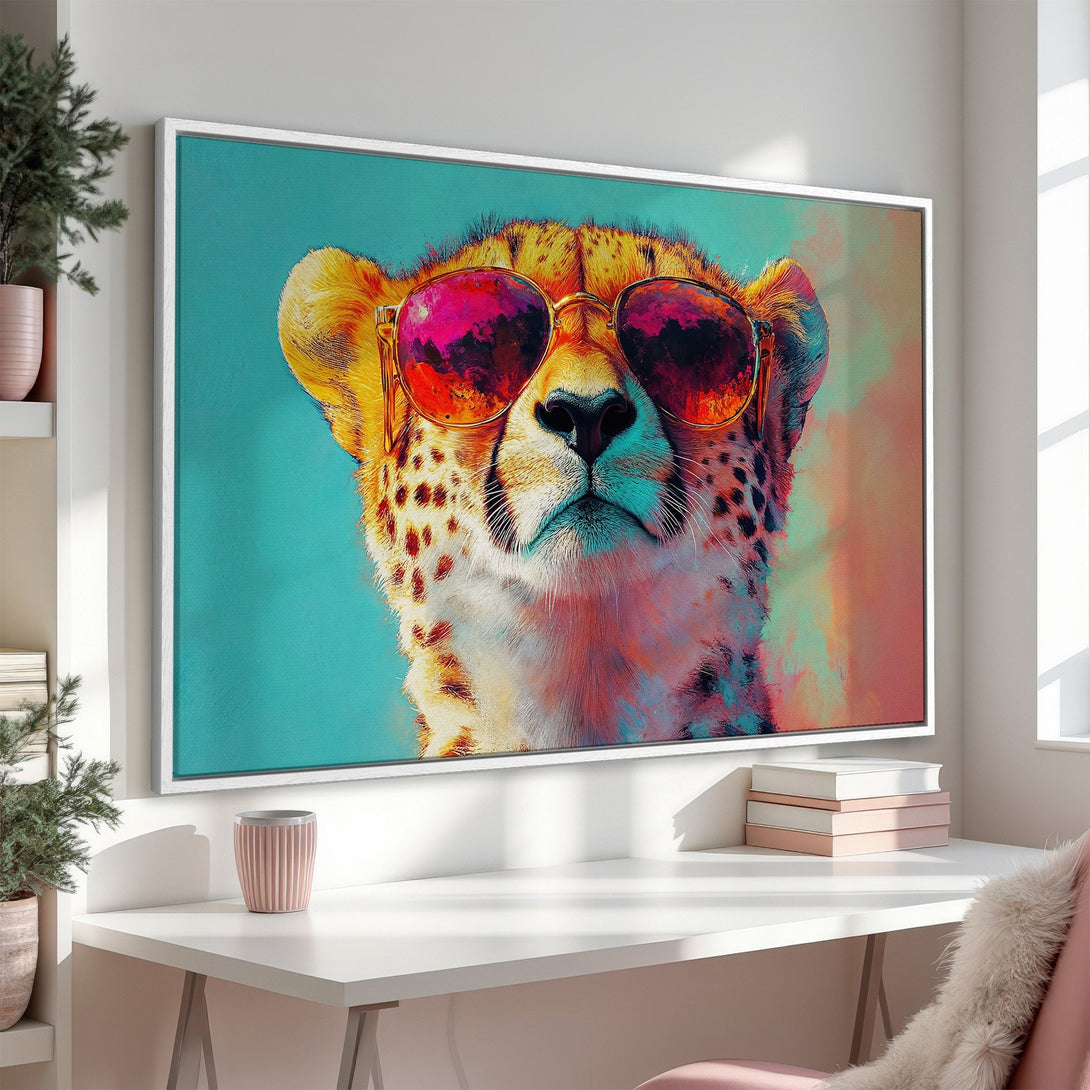 Framed Wall Art: Cool cheetah wearing sunglasses, vibrant pop art style with teal, pink, and yellow color palette. Perfect for modern decor.