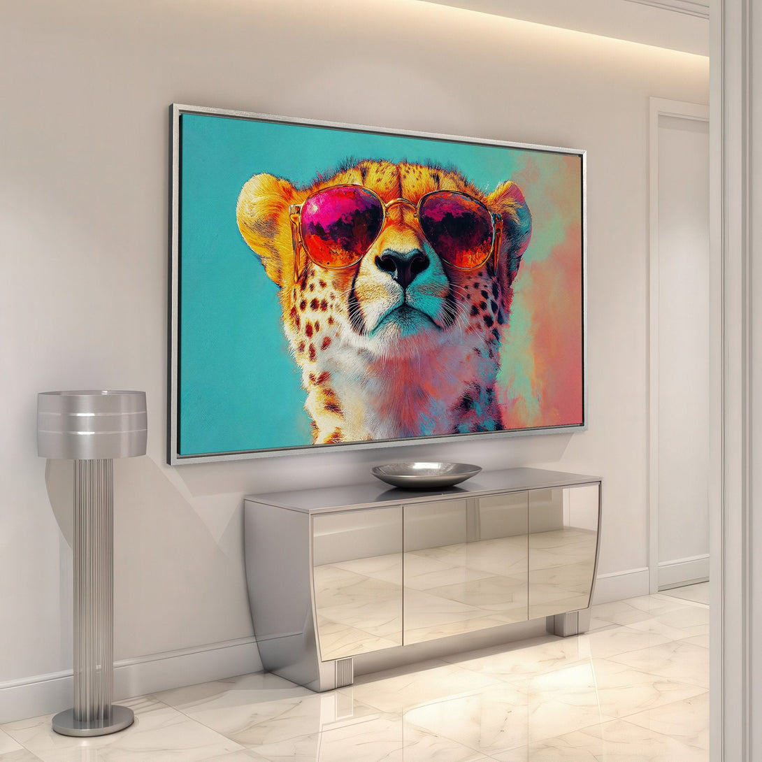 Framed Wall Art: Cool cheetah in sunglasses, vibrant pop art style. Turquoise, orange, and pink color palette. Perfect for modern home decor!