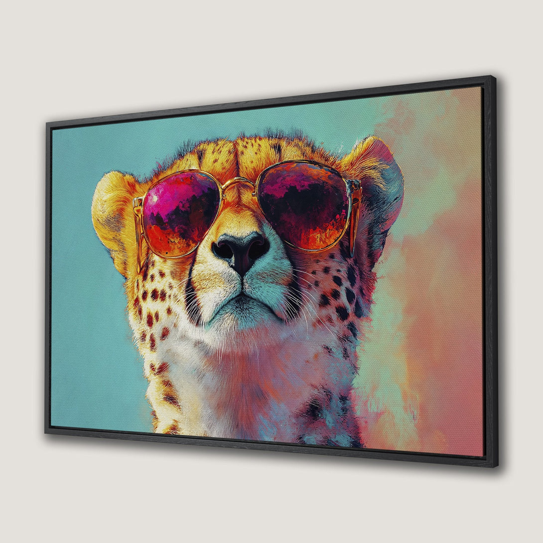 Framed Wall Art: Cool cheetah wearing sunglasses. Pop art style with a vibrant, colorful palette. Perfect for adding personality to your space!