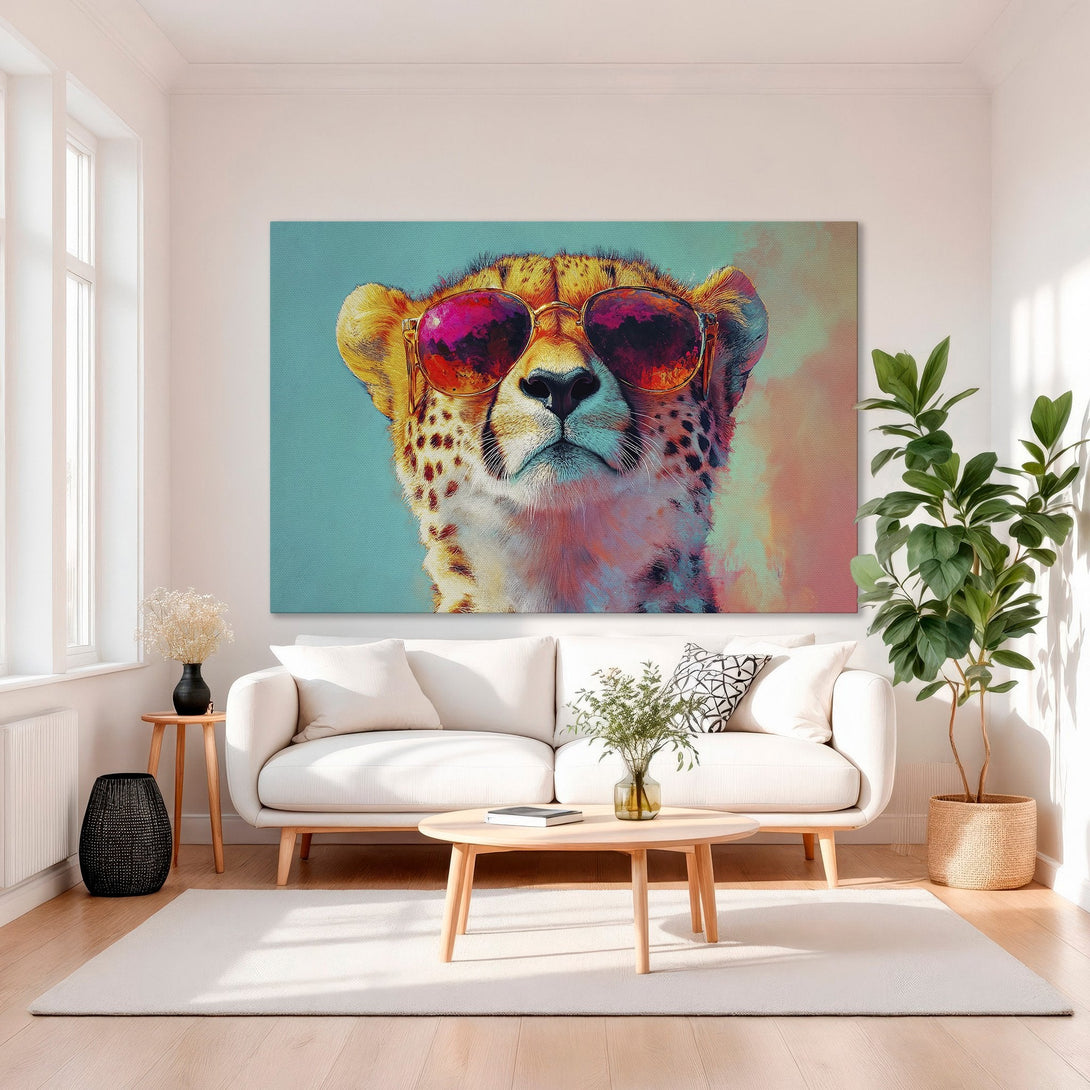 Framed Wall Art: Pop art cheetah wearing sunglasses. Colorful canvas print with teal, orange, pink, and gold tones. Perfect for modern home decor.