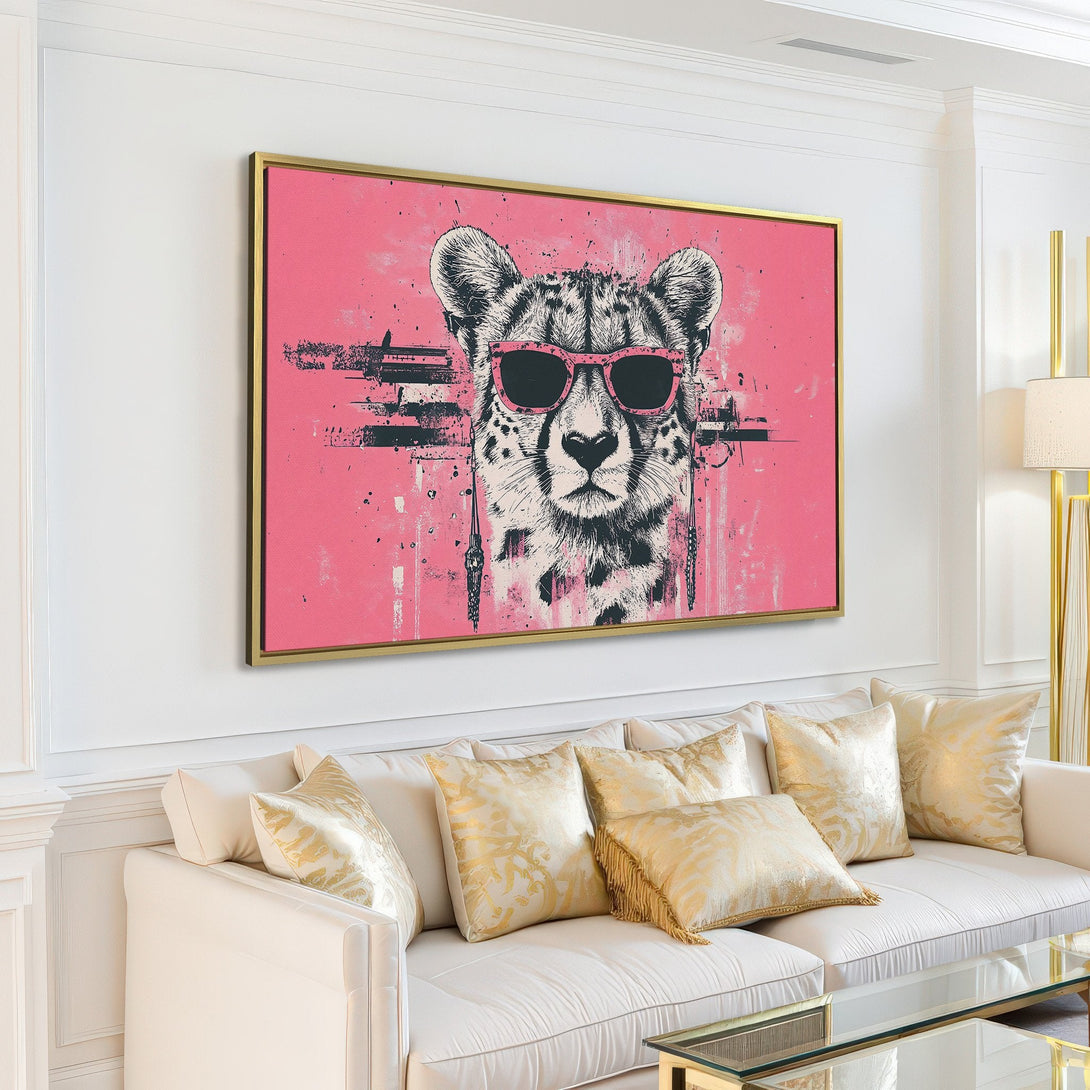 Canvas Print of a cheetah wearing sunglasses in a modern interior. Features a pink, black, and white color palette. Perfect for adding a pop of style!